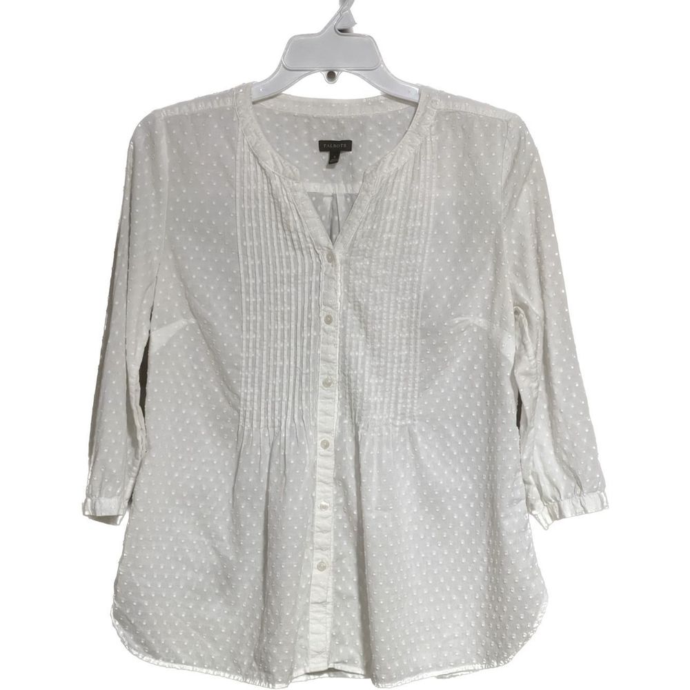Talbots Petites S White Short Sleeve Button Down Pleated V Neck Shirt